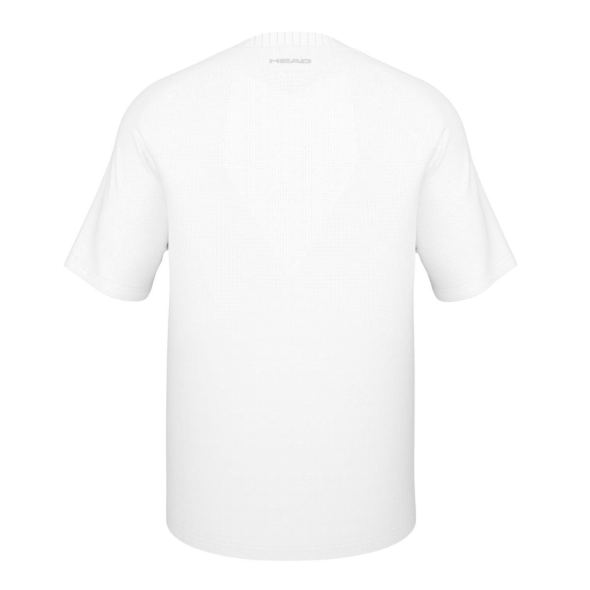 Back view of the HEAD Performance Men's Tennis T-Shirt - XPHB, showcasing its plain white design and short sleeves. This shirt incorporates Moisture Transfer Technology for improved comfort, while maintaining a streamlined look with no visible logos or patterns on the back.