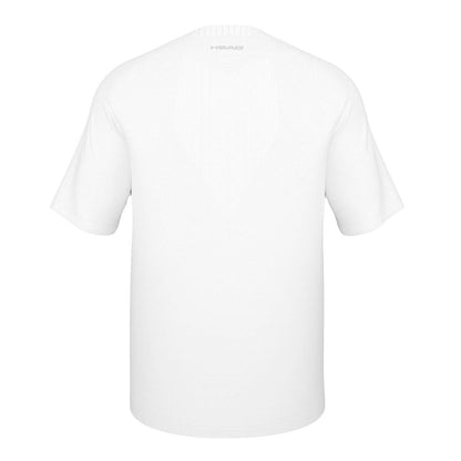 Back view of the HEAD Performance Men's Tennis T-Shirt - XPHB, showcasing its plain white design and short sleeves. This shirt incorporates Moisture Transfer Technology for improved comfort, while maintaining a streamlined look with no visible logos or patterns on the back.