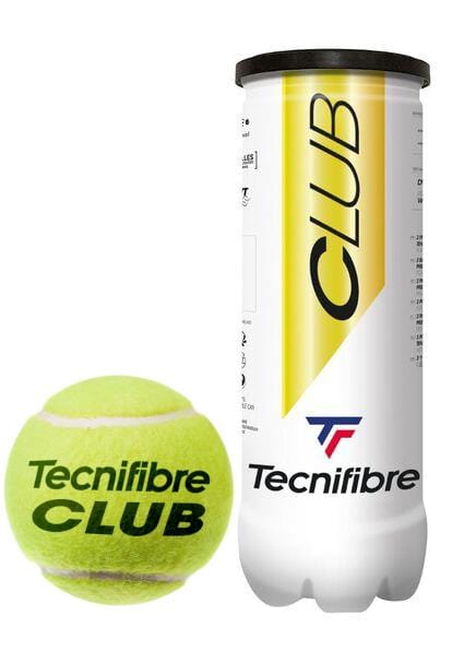 A yellow tennis ball, marked with "Tecnifibre CLUB," is placed next to a cylindrical tube labeled "CLUB" and "Tecnifibre." This mainly white container includes touches of yellow and black, featuring XD-Core technology for improved performance.