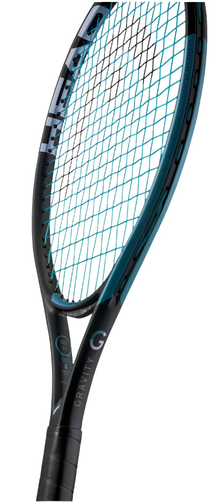 A close-up of the black HEAD IG Gravity Junior 23 2025 Tennis Racket displays the strings and frame with "GRAVITY" on the side. This racket features a lightweight graphite composite enhanced with Innegra™ fiber for superb performance.