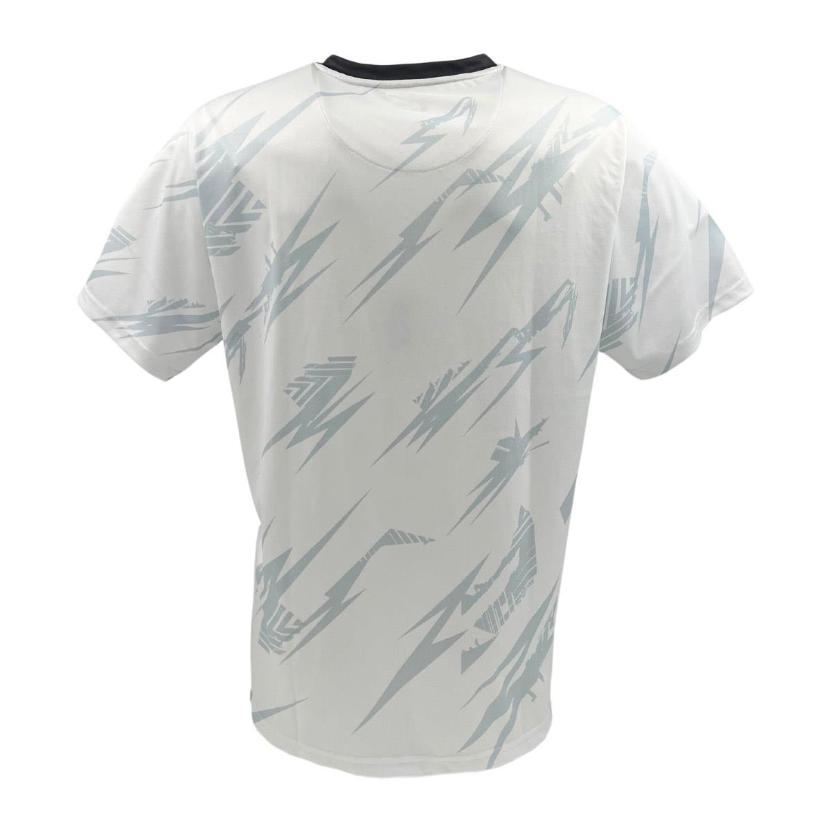 Back view of the Yonex YTM8 Men's Tennis T-Shirt in white/charcoal, made from moisture-wicking polyester, featuring light gray angular geometric shapes on a white jersey and a striking black collar for contrast.