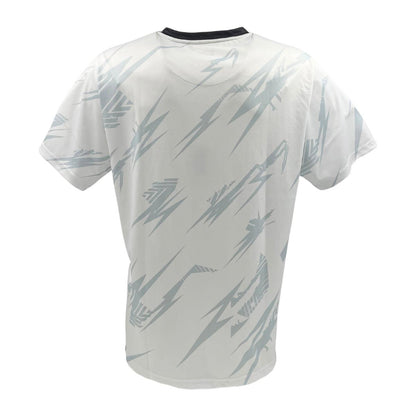 Back view of the Yonex YTM8 Men's Tennis T-Shirt in white/charcoal, made from moisture-wicking polyester, featuring light gray angular geometric shapes on a white jersey and a striking black collar for contrast.