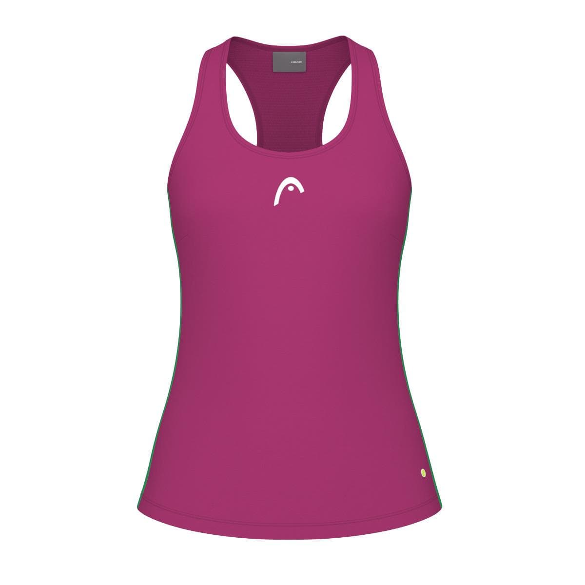 This vivid pink Women's Tennis Tank Top from HEAD, known as the Spirit Tank Top, showcases a racerback design and incorporates Moisture Transfer Microfibre technology. It has a small white logo on the chest and a circular logo near the bottom hem, seamlessly blending style with performance.