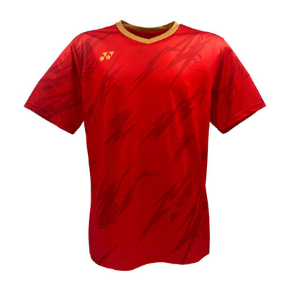 The Yonex YTM8 Men's Tennis T-Shirt in red/gold is a polyester jersey with moisture-wicking fabric, featuring a subtle zigzag pattern, yellow neckline, short sleeves, and a small left chest logo. It's designed for breathability and comfort and is perfect for tennis enthusiasts.