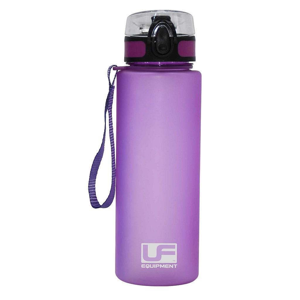 The Urban Fitness Flow Flip Lid 700ml Water Bottle - Orchid is made from food-grade plastic and features a transparent flip-top lid, complemented by a matching orchid carrying strap. Branded with "UF Equipment" on the lower section, this bottle is designed for convenience and is dishwasher safe for effortless cleaning.