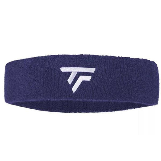 Introducing the Tecnifibre Tennis Headband in navy, featuring a centrally placed white logo. This headband is crafted to help you maintain focus and manage perspiration effectively.