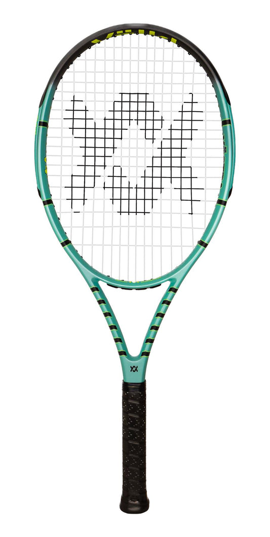 The Volkl Vostra V4 Tennis Racket by Volkl showcases an elegant green and black design with a black grip, complemented by a prominent logo on the strings. Its frame combines straight and curved lines for a contemporary look, while the tightly woven strings deliver superior high-performance control with a remarkable Catapult Effect.