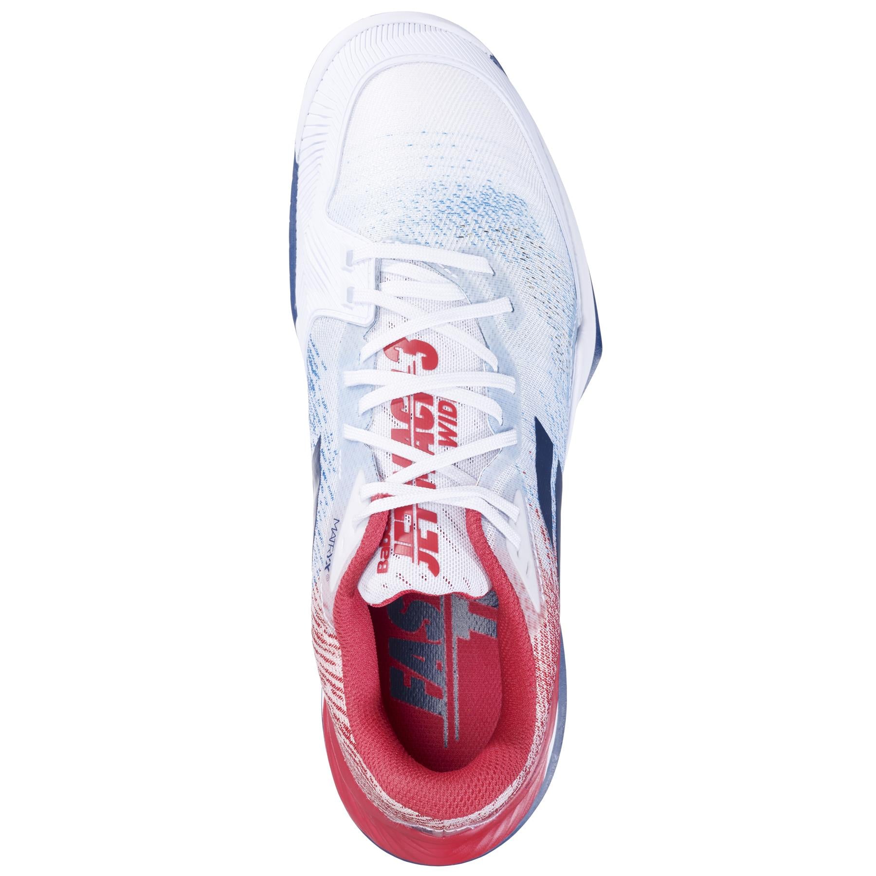 Top view of the Babolat Jet Mach 3 2024 All Court Men's Wide Tennis Shoes in white and estate blue. Featuring Matryx® technology for enhanced performance, the shoes include white laces, a red insole with "FASTWING" text, and a textured pattern on the upper material.