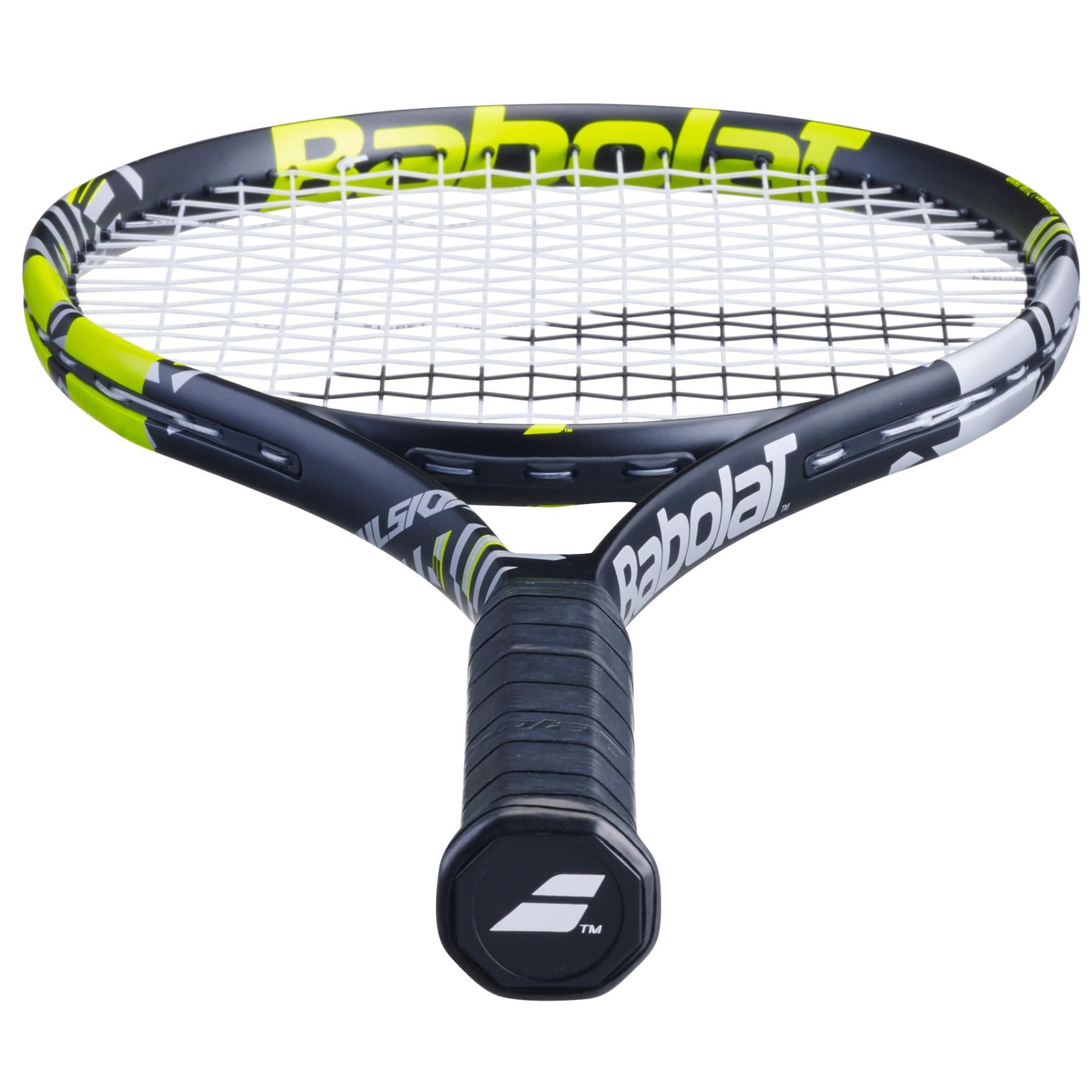 The Babolat Pulsion Tour Tennis Racket, in a sleek black design, features a frame with green accents. Its tightly woven strings offer enhanced power, while the textured grip ensures exceptional handling. The iconic Babolat logo is prominently displayed on both the frame and the grip end.