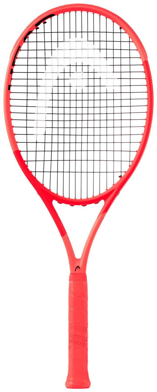 The orange HEAD Radical Elite 2025 tennis racket features a sleek, modern design with black strings and an enhanced textured grip. The frame's vibrant color is complemented by advanced Graphene 360 technology for superior performance.