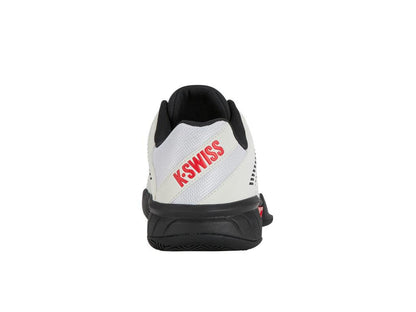 The K-Swiss Express Light 3 Men's Tennis Shoe features a textured black sole and a red "K-Swiss" logo on the heel, designed for optimal on-court performance. It includes black accents in its Bright White/Stretch Limo/High Risk Red colorway.