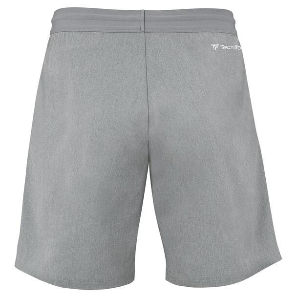 Back view of the silver Tecnifibre Men's Team Tennis Shorts highlighting an elastic waistband design. The "Tecnifibre" logo is prominently displayed on the upper right side. The fabric has a delicate textured look and provides exceptional ventilation for enhanced comfort.