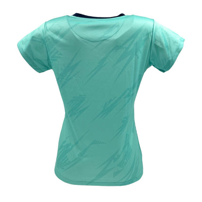 Back view of the Yonex YTL8 Women's Tennis T-Shirt in mint/navy, featuring abstract patterns. This short-sleeved polyester shirt with moisture-wicking properties and a round neckline is showcased against a white background, highlighting its performance-focused design.