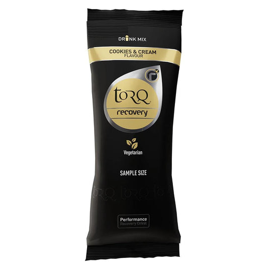 The product is a 50g sachet of "Torq Recovery" in cookies & cream flavor. The packaging features a black and gold design, emphasizing its content of whey protein for vegetarian users with a focus on efficient rehydration for performance recovery nutrition.