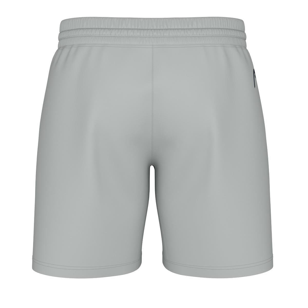 The HEAD Performance Men's Play Tennis Shorts in gray are shown from the back, showcasing an elastic waistband and a small zipper pocket on the right side. They are crafted from moisture transfer microfibre to ensure optimal comfort.