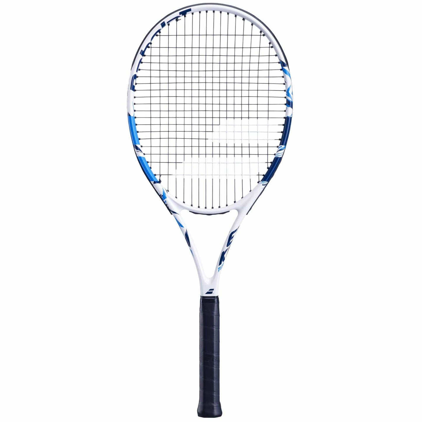 Image of the Babolat Evoke Team Tennis Racket - White, featuring a blue and white frame with a black grip. The racket is perfect for beginners due to its tightly woven strings. It is displayed vertically against a simple white background.