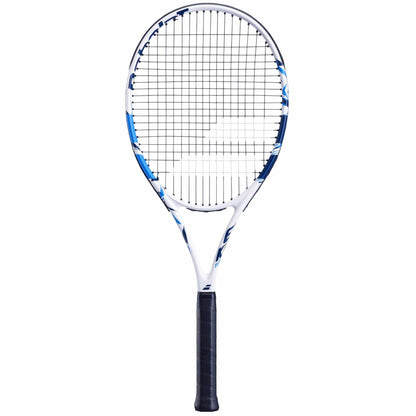 Image of the Babolat Evoke Team Tennis Racket - White, featuring a blue and white frame with a black grip. The racket is perfect for beginners due to its tightly woven strings. It is displayed vertically against a simple white background.