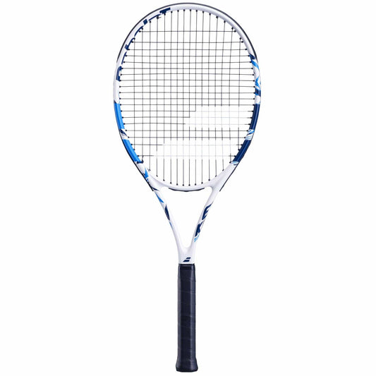 Image of the Babolat Evoke Team Tennis Racket - White, featuring a blue and white frame with a black grip. The racket is perfect for beginners due to its tightly woven strings. It is displayed vertically against a simple white background.