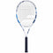 Image of the Babolat Evoke Team Tennis Racket - White, featuring a blue and white frame with a black grip. The racket is perfect for beginners due to its tightly woven strings. It is displayed vertically against a simple white background.