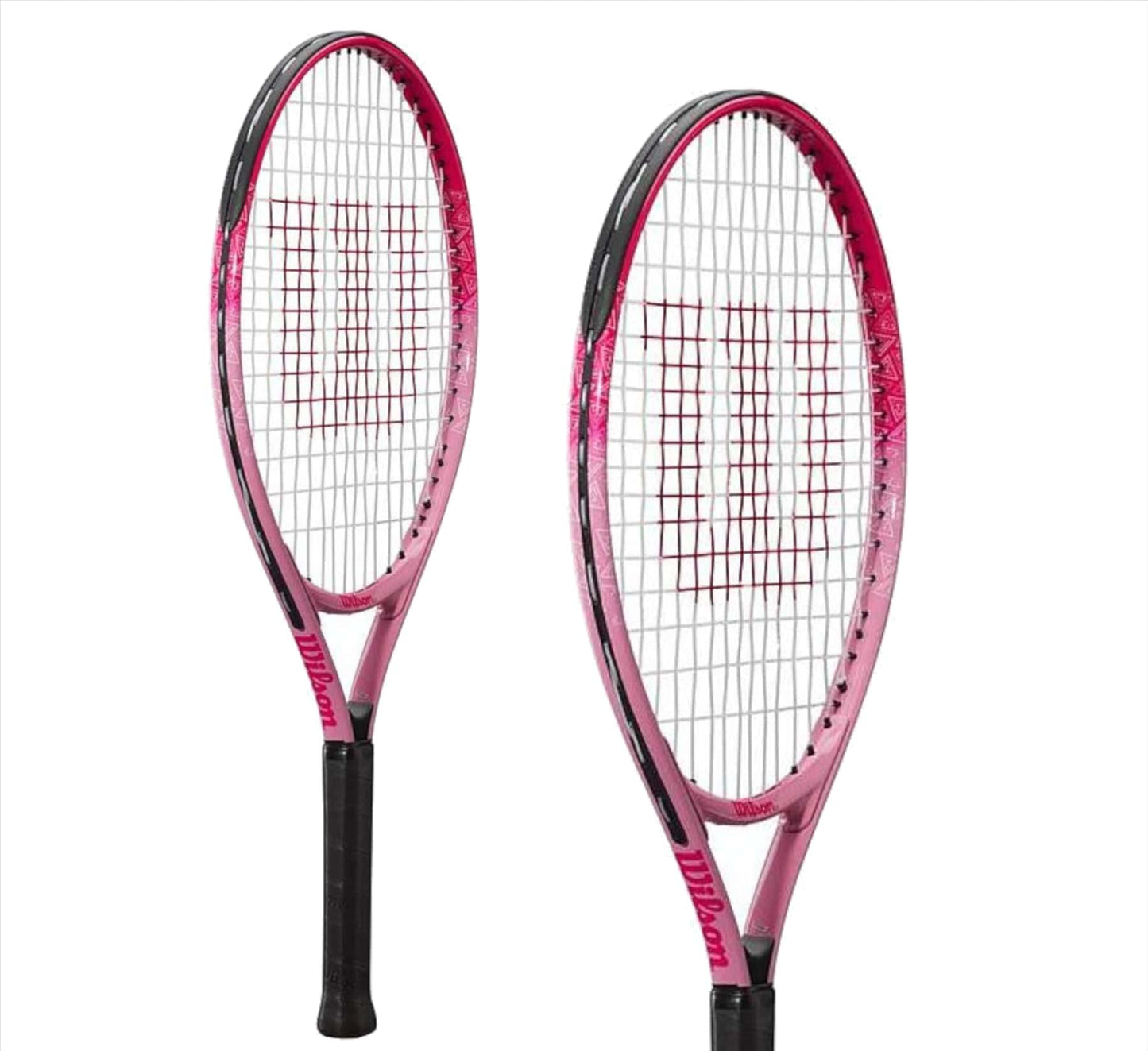 Two Wilson Burn Pink 23 Junior Tennis Rackets with black grips, shown from different angles. The brand's logo is visible on the strings and frame, highlighting these lightweight rackets from Wilson.