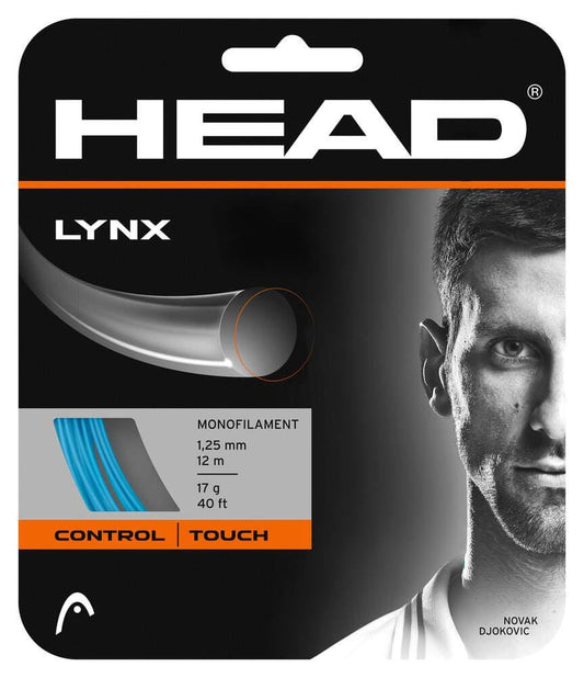 The packaging of the HEAD Lynx Tennis String Set - Blue showcases its monofilament design crafted from a co-polymer mixture. The product features a 1.25 mm diameter, a length of 12 m (40 ft), and weighs 17 g. It emphasizes control and touch in its branding, which includes the partial face of a tennis player.