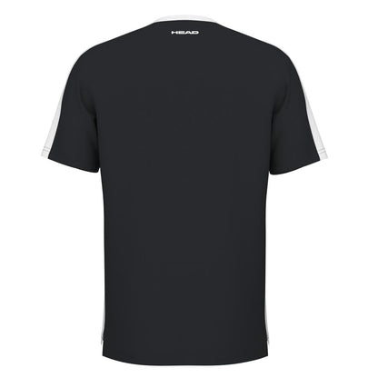 The HEAD Vision Slice Mens Tennis T-Shirt in black is shown from the back, highlighting its white stripes on the sleeves. The "HEAD" logo is prominently displayed at the top center near the neckline. Made with moisture transfer microfiber, it provides exceptional breathability for active individuals.