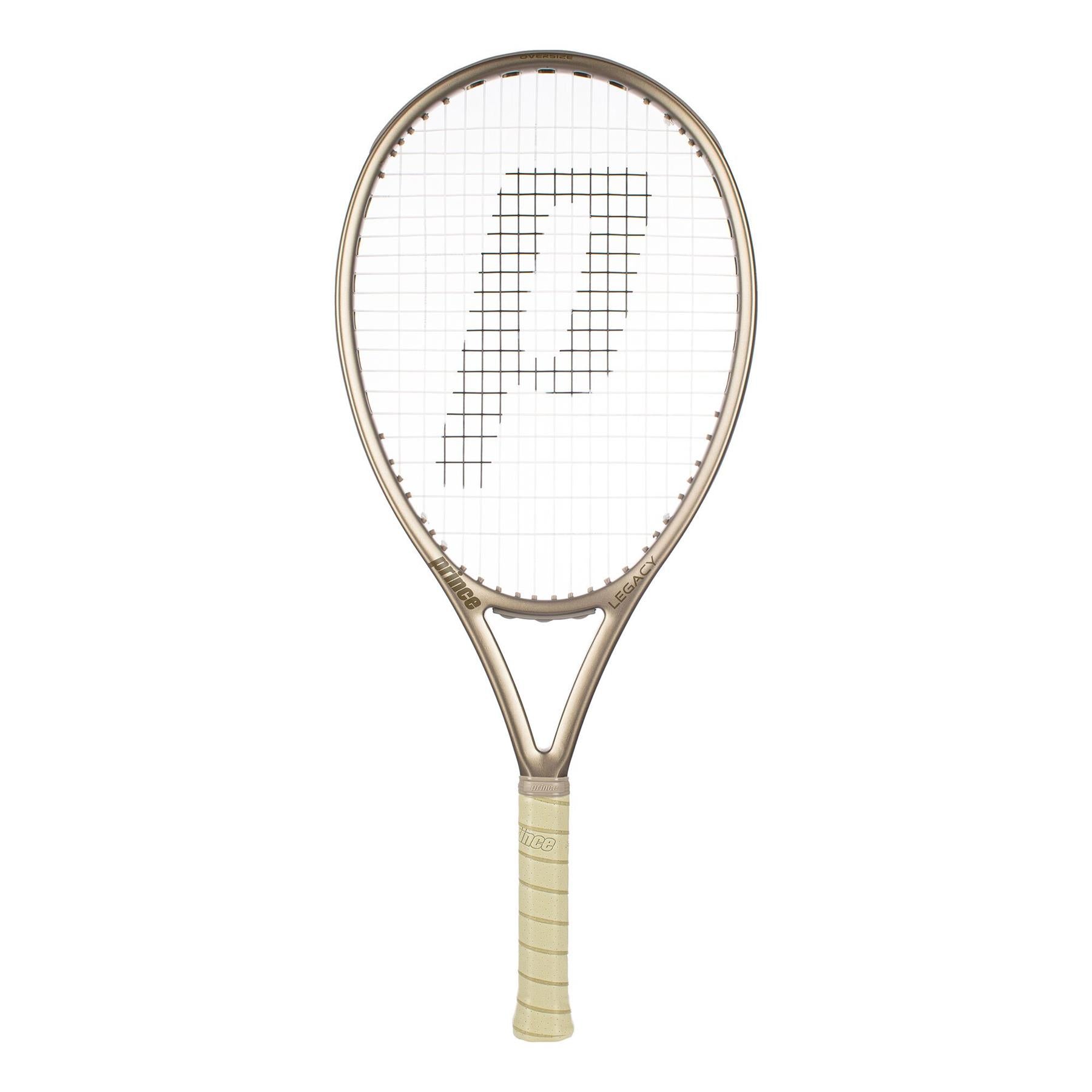 The Prince O3 Legacy 120 2025 Tennis Racket - Gold features a beige handle and frame, with a grid of strings showcasing the large "P" logo. Its vertical positioning on a white background highlights its TeXtreme technology, embodying the classic elegance of Prince's design.