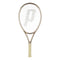 The Prince O3 Legacy 120 2025 Tennis Racket - Gold features a beige handle and frame, with a grid of strings showcasing the large "P" logo. Its vertical positioning on a white background highlights its TeXtreme technology, embodying the classic elegance of Prince's design.