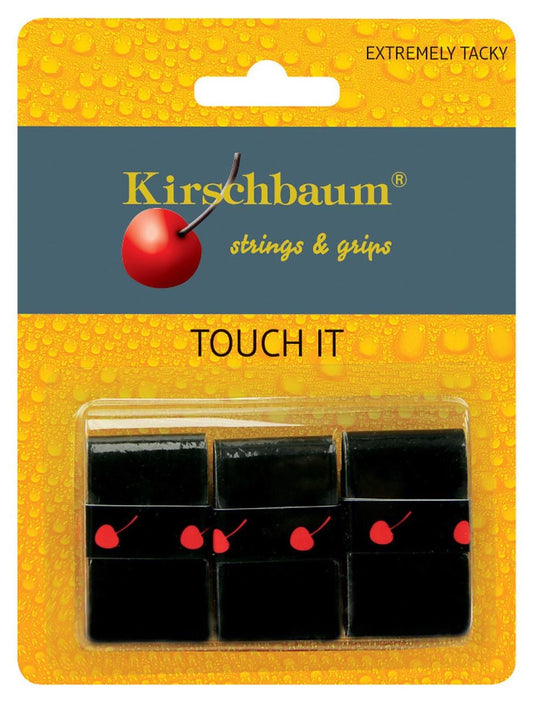 A package of Kirschbaum Touch It Tennis Overgrip 3 Pack - Black features black grips adorned with red cherry logos and is labeled "Extremely Tacky." The textured, water droplet design ensures impressive absorption and durability, making these grips a favorite among tennis enthusiasts.