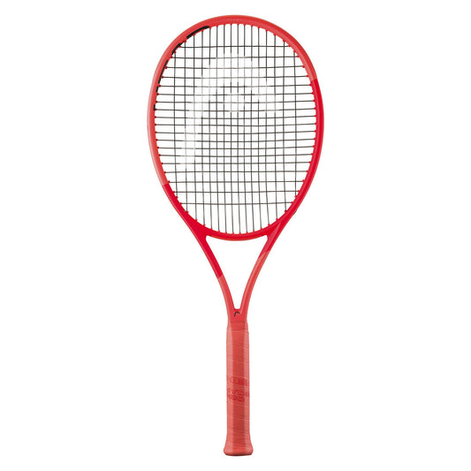 The HEAD Radical Team L 2025 Tennis Racket features an orange frame with black strings, Auxetic 2.0 technology, and a matching grip for all-court play. The glossy finish showcases the brand logo on the strings and near the base.