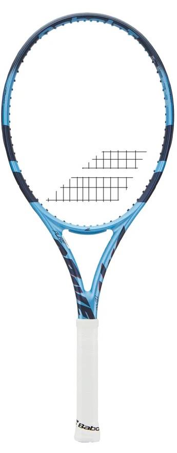 The Babolat Pure Drive Team 2025 Tennis Racket in blue, with its distinctive blue and black frame and white grip, is front-facing. It features an open string pattern, a logo at the handle's bottom, and provides effortless power for game enhancement.