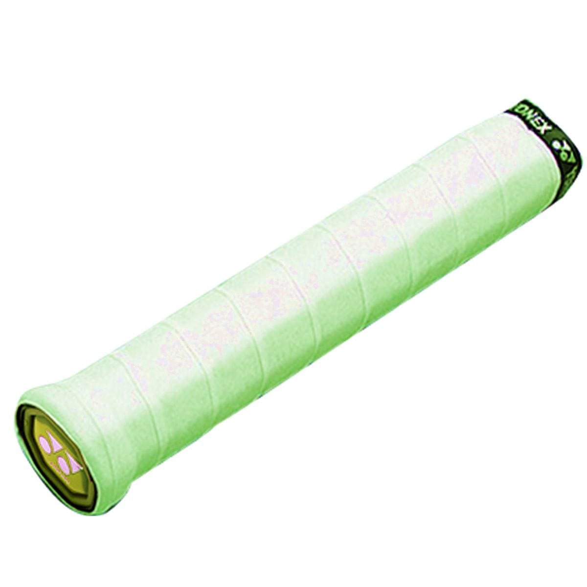 The Yonex AC102EX Super Grap Tennis Overgrip is designed for superior sweat absorption, featuring a textured, spiral pattern and the Yonex logo in black near the end. Available in a pack of three in green.