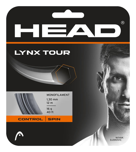 The packaging for the HEAD Lynx Tour Tennis String Set - Grey features an elegant black and white image of a player on the right. It highlights key specifications, including a thickness of 1.30 mm and a length of 12 m/40 ft, engineered by HEAD to enhance control and spin in your game.