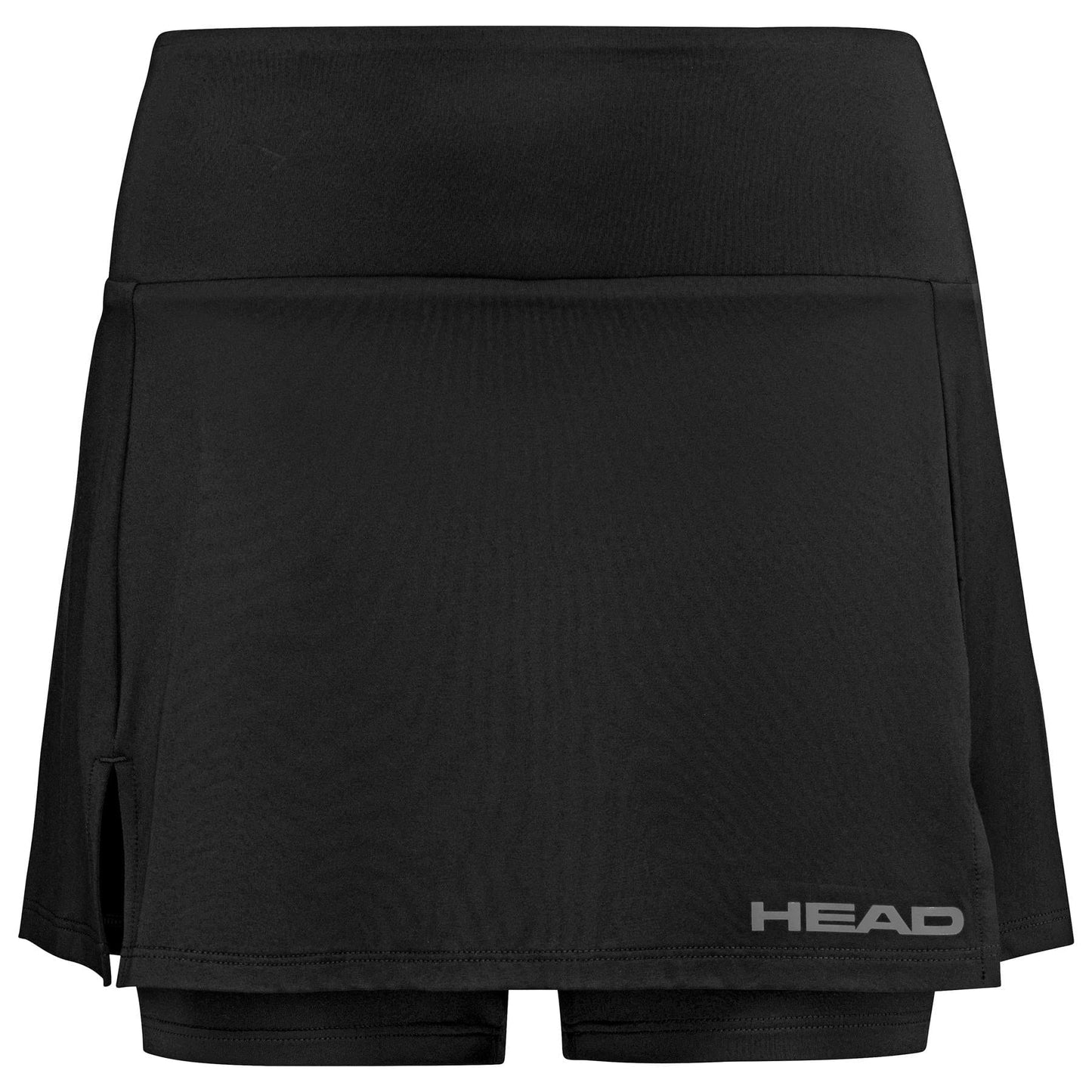 HEAD Womens Club Basic Tennis Skort in black, designed with integrated shorts and a small side slit on the left. The brand name "HEAD" is elegantly displayed in gray on the lower right corner. Crafted using Moisture Transfer Microfibre for enhanced comfort and performance.