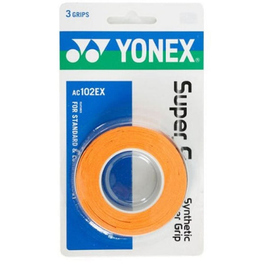 The Yonex AC102EX Super Grap Tennis Overgrip - 3 Pack in orange, renowned for its excellent sweat absorption, is suitable for standard and long body racquets.