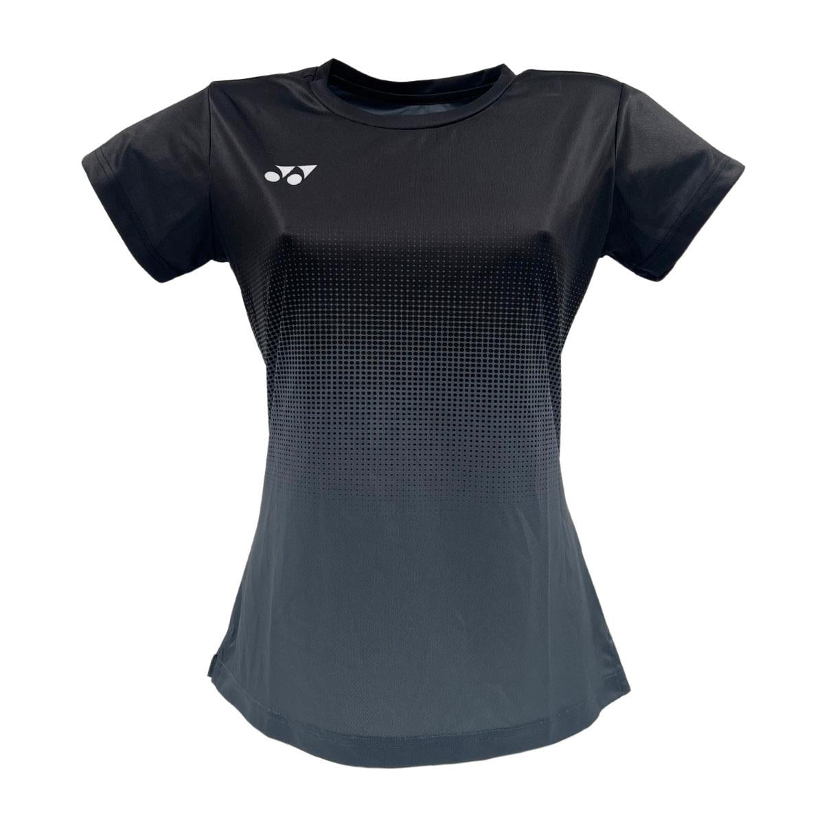 The Yonex YTL5 Women's Tennis T-Shirt in Shadow/Black is made from moisture-wicking polyester, featuring a black short-sleeve design with a subtle gradient of gray dots and a small logo on the left chest, ideal for female athletes.