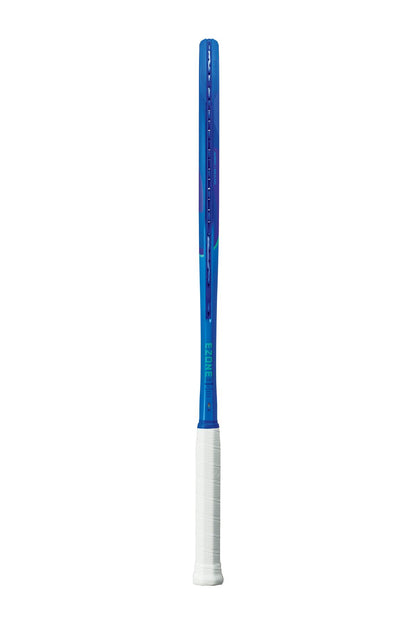 The Yonex EZONE 98 2025 Tennis Racket in Blast Blue showcases a sleek white grip, pictured from the side against a crisp white background. It features Vibration Dampening Mesh for reduced vibrations, ensuring smoother play and enhanced comfort.