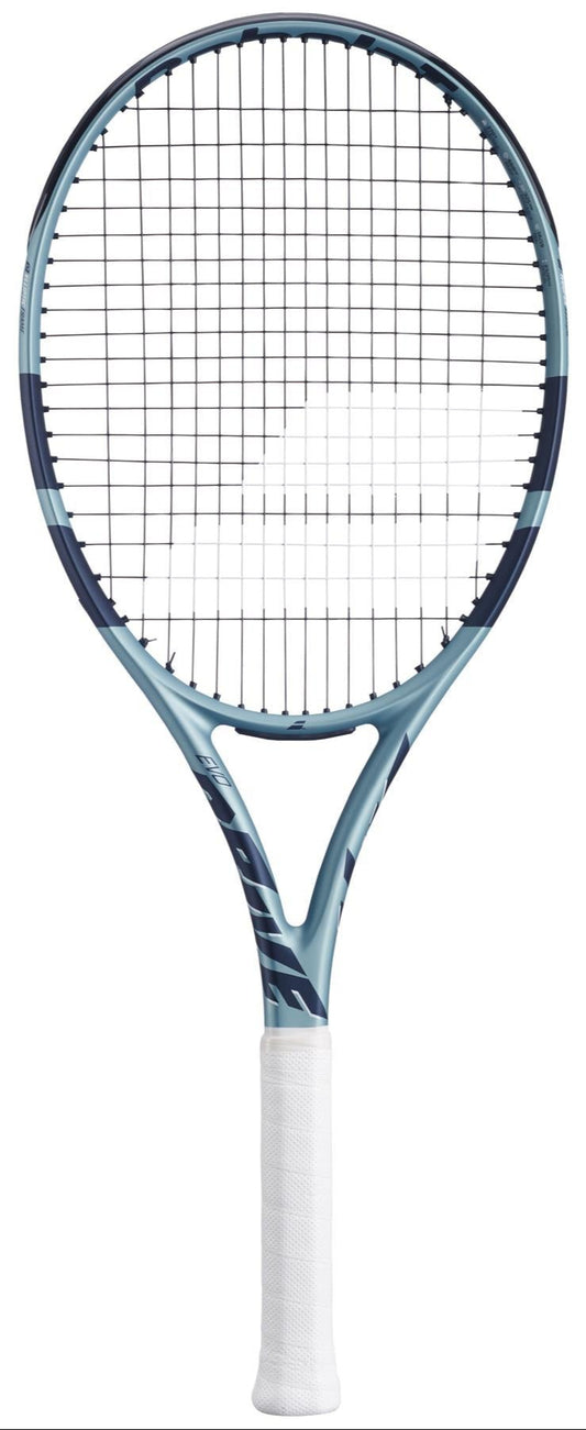 The Babolat EVO Drive Gen 2 Tennis Racket in blue features a sleek light and dark blue frame, black strings, and prominently displays its logo at the center. The handle sports white grip tape with an Air Handle Touch for improved playability.