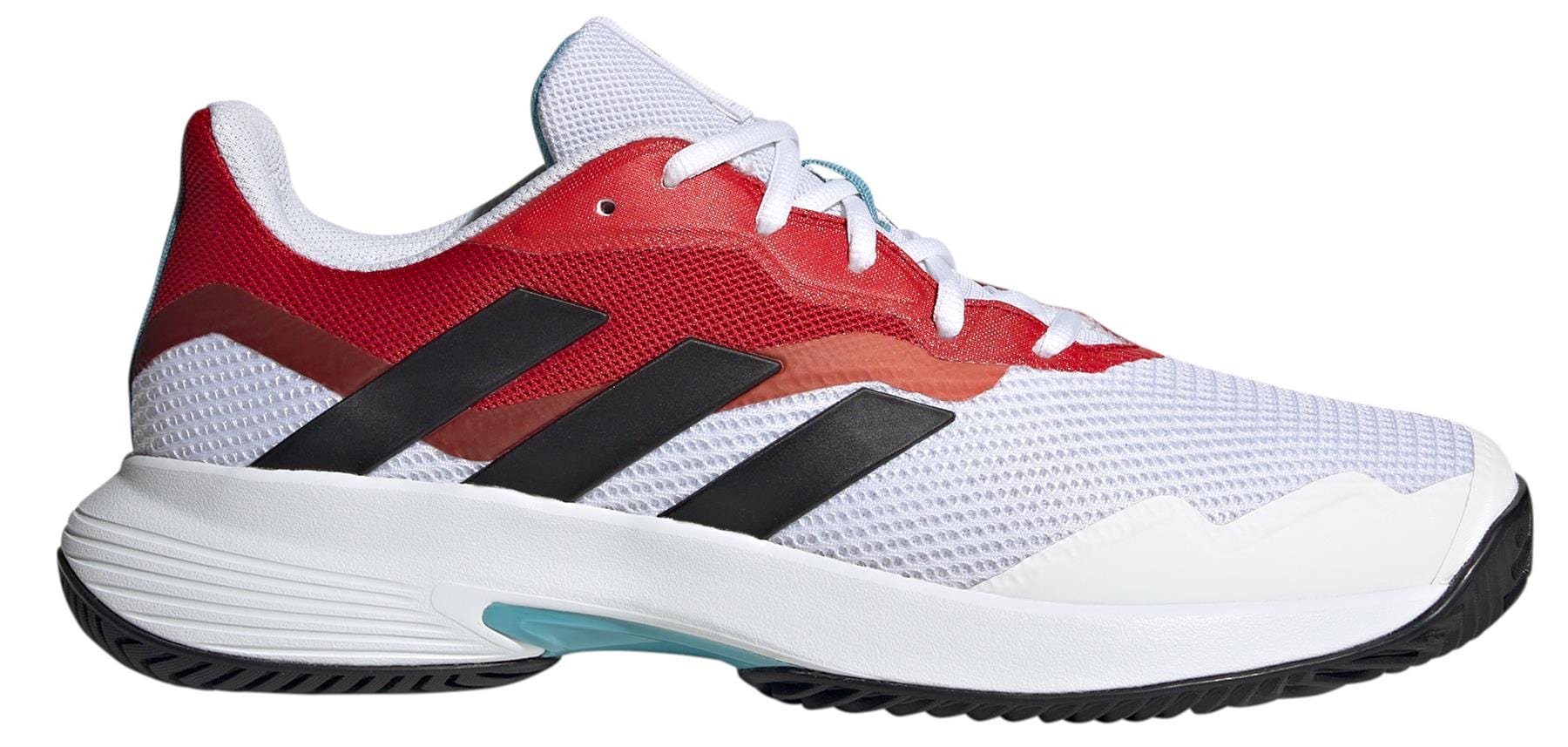 The adidas CourtJam Control Men's Tennis Shoes in White/Red boast an engineered mesh upper with striking red and brown accents. They feature three black stripes on the side, complemented by white laces and a light blue detail on the sole, providing both style and exceptional support through their impressive bounce cushioning.