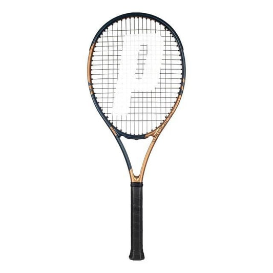 The Prince Warrior 100 2023 285g Tennis Racket from Prince boasts a graphite build with a black grip, complemented by an eye-catching gold and blue frame. Its strings are patterned to form the signature large "P" shape. Set against a plain white background, this racket is primed for action on the court.