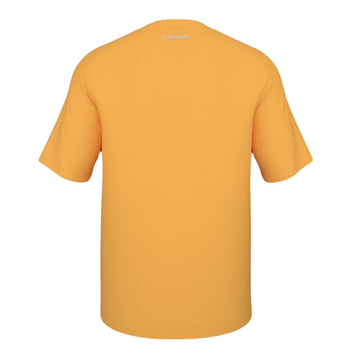 A plain yellow short-sleeve T-shirt is displayed, showcasing the back view. The HEAD Performance Men's Tennis T-Shirt - XPBN features smooth, lightweight fabric with a small logo near the neckline. Enhanced with Moisture Transfer Microfibre technology, it ensures comfort during any activity.