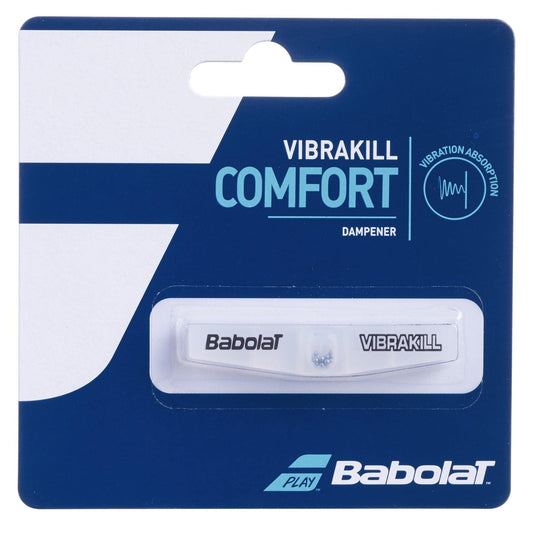 The packaging of the Babolat Vibrakill Tennis Dampener - Clear features a dark blue and white design that emphasizes its vibration absorption benefits. A transparent area showcases the dampener, which bears "Babolat" and "VibraKill" inscriptions in white, ensuring a softer feel during play.