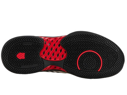 The image shows the sole of the K-Swiss Express Light 3 Men's Tennis Shoe in Bright White, Stretch Limo, and High Risk Red. It has a textured pattern with circular grooves and mesh-like cutouts for grip and flexibility, enhanced by DuraWrap Flex technology for top performance on the court.