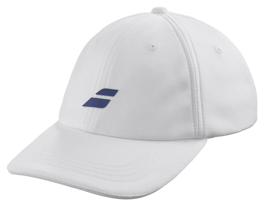 The Babolat Pure Logo Cap - White by Babolat is a lightweight white baseball cap with a distinctive blue logo featuring two diagonal lines on the front. Crafted from recycled polyester, it boasts a curved brim and visible seam stitching, combining style with sustainability.