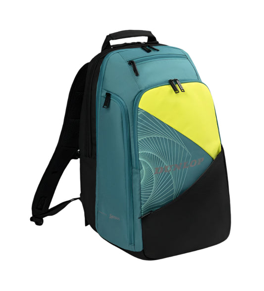 The Dunlop SX Performance Tennis Backpack in teal and black features a yellow-accented geometric front pocket. It offers multiple zippered compartments and ergonomic shoulder straps for comfort and style.