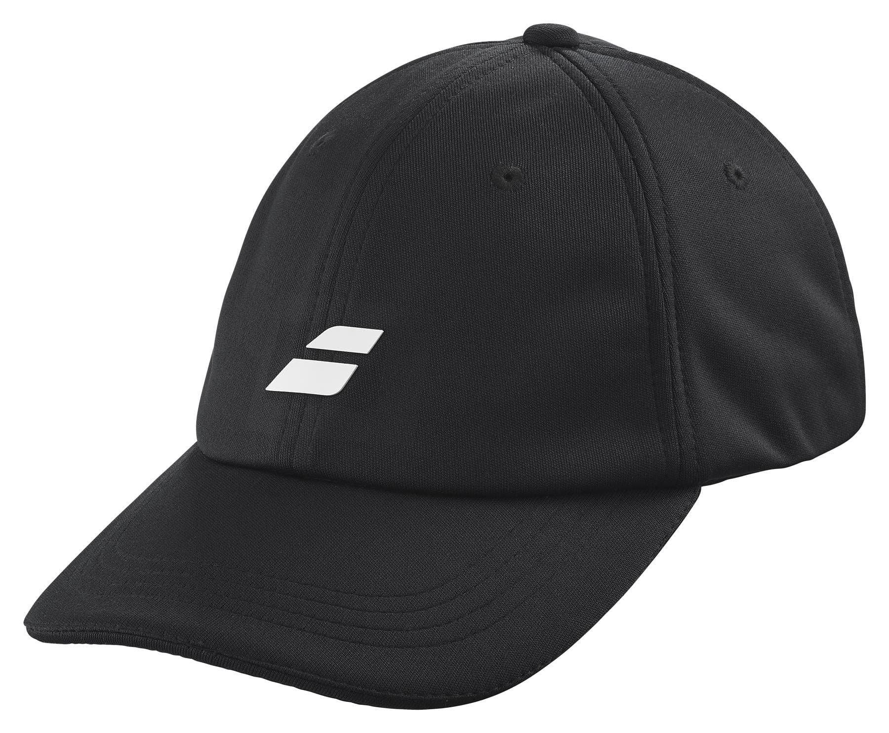 The Babolat Pure Logo Cap - Black is a lightweight baseball cap made from recycled polyester. It showcases a distinct white geometric logo with two angled rectangles, and features a curved brim alongside six-panel construction with ventilation holes for added comfort.