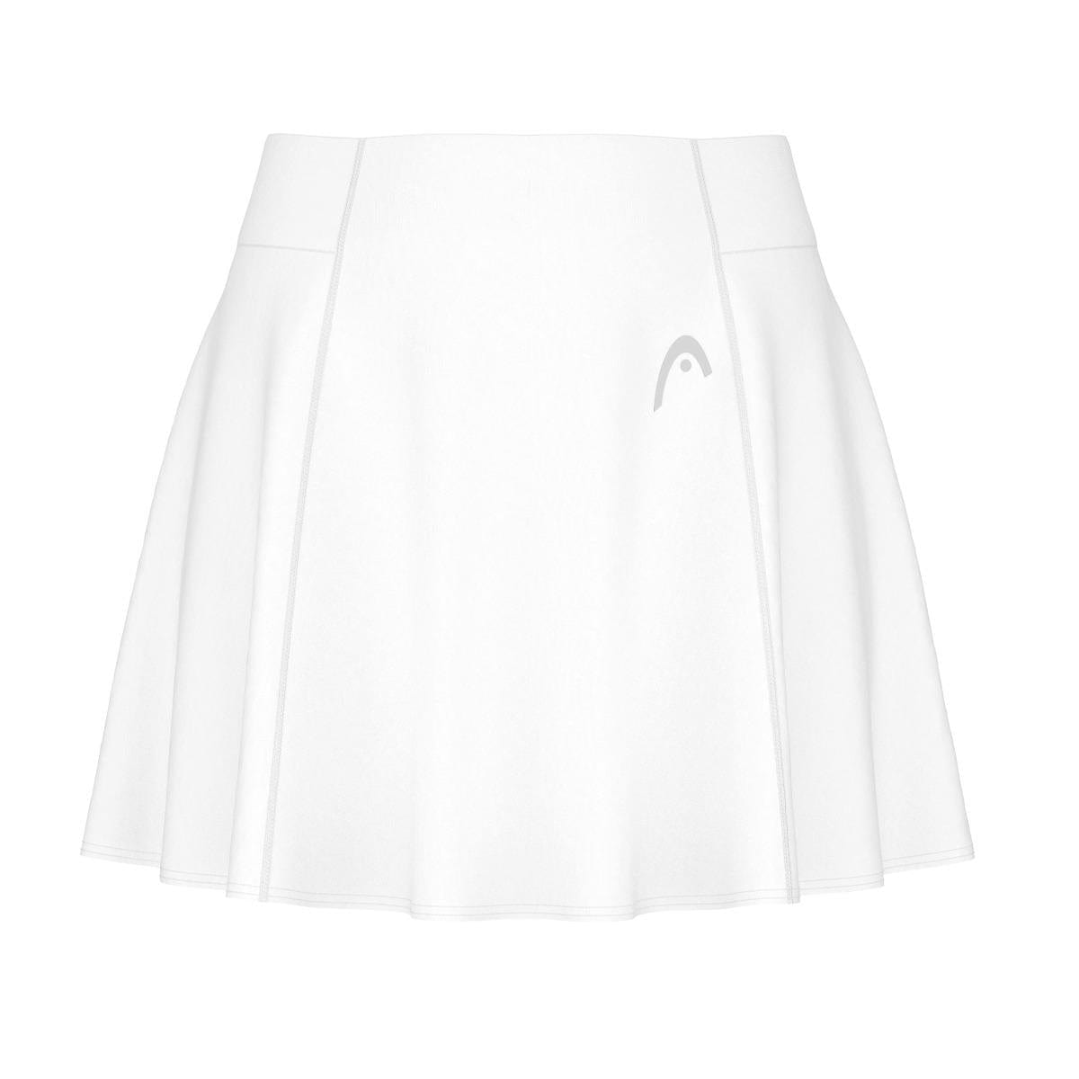 The HEAD Performance Women's Tennis Skort in White features a high waist and subtle pleats, crafted from moisture-transfer microfibre. A small gray HEAD logo is visible on the left side.