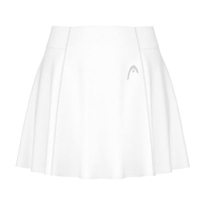 The HEAD Performance Women's Tennis Skort in White features a high waist and subtle pleats, crafted from moisture-transfer microfibre. A small gray HEAD logo is visible on the left side.