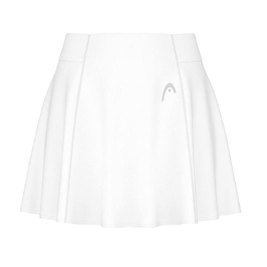 The HEAD Performance Women's Tennis Skort in White features a high waist and subtle pleats, crafted from moisture-transfer microfibre. A small gray HEAD logo is visible on the left side.