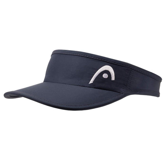 Introducing the HEAD Pro Player Women's Tennis Visor in navy. This stylish visor features a curved brim and a prominent white logo on the front. Designed by HEAD for UV protection and outdoor activities, it comes with an adjustable Velcro strap to ensure a comfortable fit.